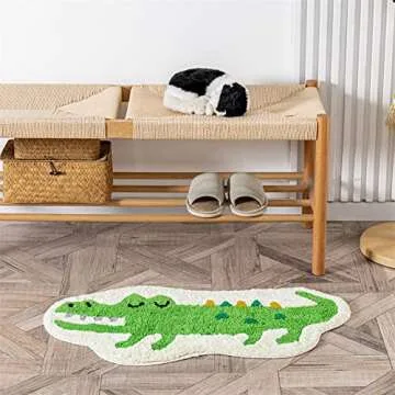 Green Crocodile Shaped Rug Cute Faux Animal Print Bathroom Rug Bath Mat Bath Carpet Shower Rug for Home Decor Bathroom Tub Floor Water Absorption Non-Slip Small Carpet Door Mat Playmat 15.7x29.5in