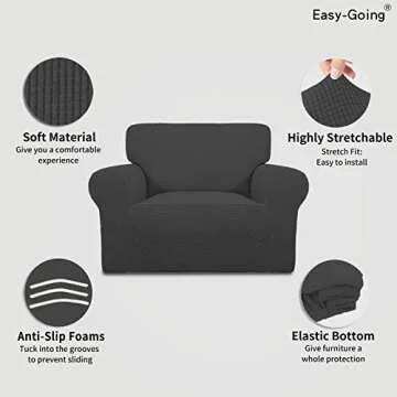 Easy-Going Stretch Oversized Chair Sofa Slipcover 1-Piece Couch Sofa Cover Furniture Protector Soft with Elastic Bottom for Kids Spandex Jacquard Fabric Small Checks Dark Gray