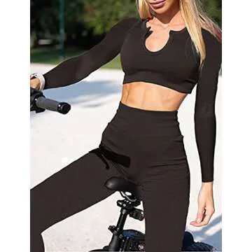 Hwnovdy Women's Yoga Workout Outfits 2 Piece High Waisted Leggings with Long Sleeve Crop Tops Gym Clothes Sets Black M