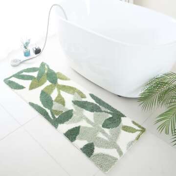 ZebraSmile Long Bathroom Runner Rugs - Green Leaves Design