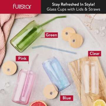 fullstar Glass Cups with Lids and Straws - Drinking Glasses, Glass Tumbler with Straw and Lid, Iced ...