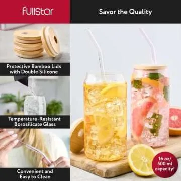 fullstar Glass Cups with Lids and Straws - Drinking Glasses, Glass Tumbler with Straw and Lid, Iced Coffee Cups, Glass Coffee Cups with Bamboo Lids (Multicolor, 4 Pack)