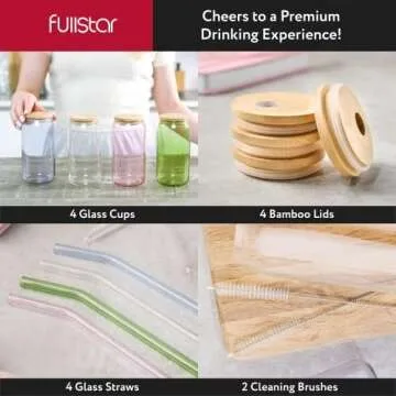 fullstar Glass Cups with Lids and Straws - Drinking Glasses, Glass Tumbler with Straw and Lid, Iced Coffee Cups, Glass Coffee Cups with Bamboo Lids (Multicolor, 4 Pack)