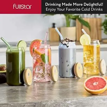 fullstar Glass Cups with Lids and Straws - Drinking Glasses, Glass Tumbler with Straw and Lid, Iced Coffee Cups, Glass Coffee Cups with Bamboo Lids (Multicolor, 4 Pack)