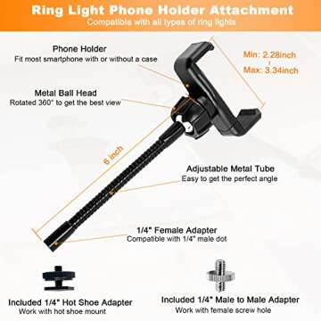 JCTRIWAY Ring Light Phone Holder Universal Phone Holder for Ring Light with 1/4 and Hot Shoe Adapter...