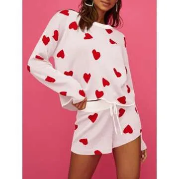 Saodimallsu Women’s Valentine's Day Pajama Set Hearts Print Lounge Sets Long Sleeve Sweater and Sh...