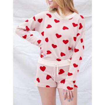 Saodimallsu Women’s Valentine's Day Pajama Set Hearts Print Lounge Sets Long Sleeve Sweater and Shorts 2 Piece Outfits White