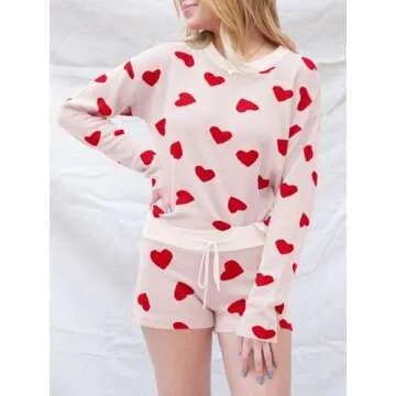 Saodimallsu Women’s Valentine's Day Pajama Set Hearts Print Lounge Sets Long Sleeve Sweater and Shorts 2 Piece Outfits White