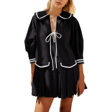 ICOBID Women Cute Bow Tie Up Open Front Mini Dress Lapel Contrast Binding 3/4 Sleeve Mini Dress Pleated A line Dresses Black