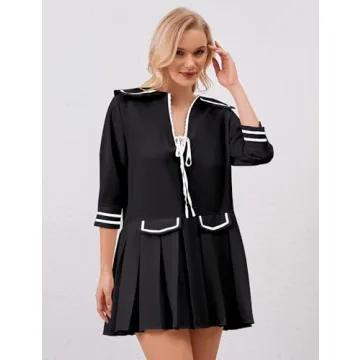 ICOBID Women Cute Bow Tie Up Open Front Mini Dress Lapel Contrast Binding 3/4 Sleeve Mini Dress Pleated A line Dresses Black