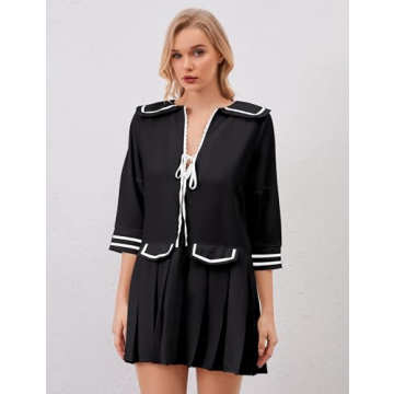 ICOBID Women Cute Bow Tie Up Open Front Mini Dress Lapel Contrast Binding 3/4 Sleeve Mini Dress Pleated A line Dresses Black