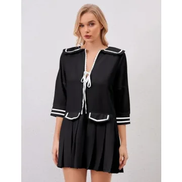 ICOBID Women Cute Bow Tie Up Open Front Mini Dress Lapel Contrast Binding 3/4 Sleeve Mini Dress Pleated A line Dresses Black
