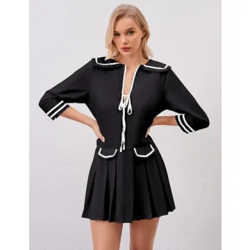 ICOBID Women Cute Bow Tie Up Open Front Mini Dress Lapel Contrast Binding 3/4 Sleeve Mini Dress Pleated A line Dresses Black