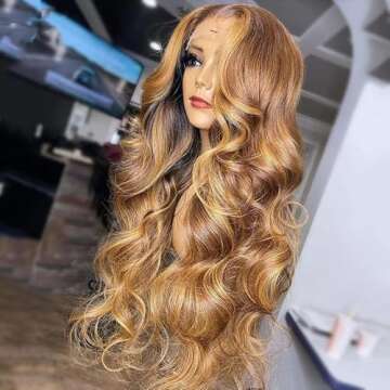 Aorbige Body Wave Style Highlight Ombre Lace Frontal Wig Human Hair Wigs #4/27 Brown with Honey Blonde Color for Black Women Pre Plucked Hairline 150% Density (20inch, 13x6 Lace Front Wig)