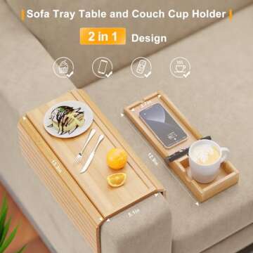 Bestjing Bamboo Sofa Armrest Tray - Couch Arm Tray with Detachable Couch Cup Holder - Anti-Slip Foldable Sofa Armchair Caddy Table - Cup Holder for Drinks Cellphone TV Remote Snacks