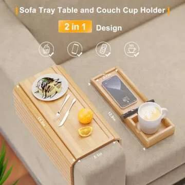 Bestjing Bamboo Sofa Armrest Tray - Couch Arm Tray with Detachable Couch Cup Holder - Anti-Slip Foldable Sofa Armchair Caddy Table - Cup Holder for Drinks Cellphone TV Remote Snacks