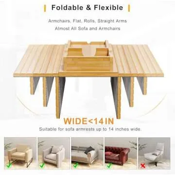 Bestjing Bamboo Sofa Armrest Tray - Couch Arm Tray with Detachable Couch Cup Holder - Anti-Slip Foldable Sofa Armchair Caddy Table - Cup Holder for Drinks Cellphone TV Remote Snacks