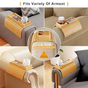 Bestjing Bamboo Sofa Armrest Tray - Couch Arm Tray with Detachable Couch Cup Holder - Anti-Slip Foldable Sofa Armchair Caddy Table - Cup Holder for Drinks Cellphone TV Remote Snacks