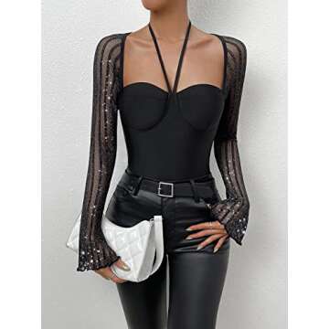 WDIRARA Women's Glitter Mesh Halter Tie Back Long Sleeve Bustier Top Backless Bodysuits Black L