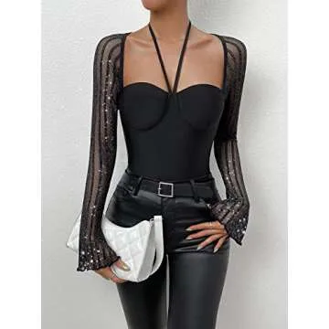 WDIRARA Women's Glitter Mesh Halter Tie Back Long Sleeve Bustier Top Backless Bodysuits Black L