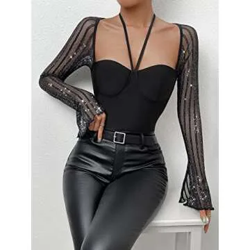 WDIRARA Women's Glitter Mesh Halter Tie Back Long Sleeve Bustier Top Backless Bodysuits Black L