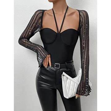WDIRARA Women's Glitter Mesh Halter Tie Back Long Sleeve Bustier Top Backless Bodysuits Black L