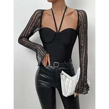 WDIRARA Women's Glitter Mesh Halter Tie Back Long Sleeve Bustier Top Backless Bodysuits Black L
