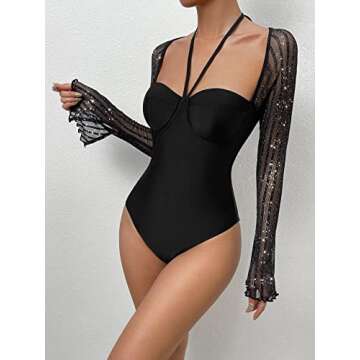 WDIRARA Women's Glitter Mesh Halter Tie Back Long Sleeve Bustier Top Backless Bodysuits Black L