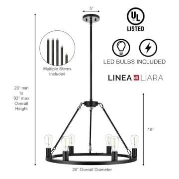 Linea di Liara Sonoro Black Chandelier Dining Room Light Fixture Small Wagon Wheel Chandelier Rustic Round Industrial Modern Farmhouse Chandeliers for Dining Room Entryway Foyer, 7 Bulbs Included
