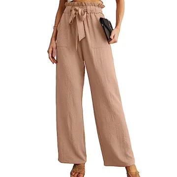IWOLLENCE Women's Wide Leg Pants with Pockets - High Waist Adjustable Knot Loose Trousers for Casual...