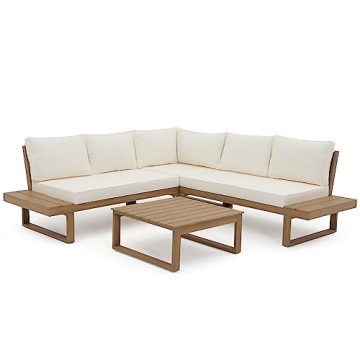 Soleil Jardin 4 Piece Acacia Wood Patio Furniture L-Shaped Outdoor Sectional Sofa Set with Coffee Ta...
