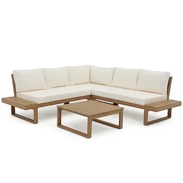 Soleil Jardin 4 Piece Acacia Wood Patio Furniture L-Shaped Outdoor Sectional Sofa Set with Coffee Ta...