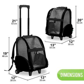 Kundu KDU-013 Deluxe Backpack Pet Travel Carrier with Double Wheels - Black - Approved by Most Airli...