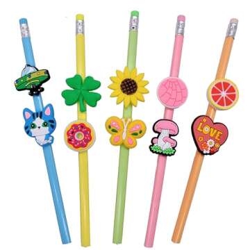 YEALQU 45PCS Random Different Pencil Topper Decoations Cute PVC Pencil Toppes Lovely Black Clip Penc...