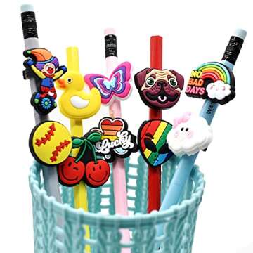 YEALQU 45PCS Random Different Pencil Topper Decoations Cute PVC Pencil Toppes Lovely Black Clip Pencil Decoration Accessories for Pupil/Junior Students Gifts Awards