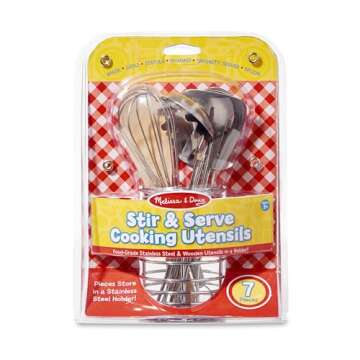 Melissa & Doug Stir and Serve Cooking Utensils (7 pcs) - Stainless Steel and Wood