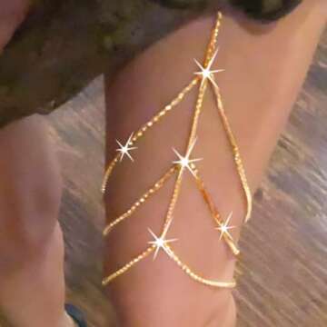 Jeweky Boho Layered Leg Chain Crystal Body Chains Sexy Belly Harness Beach Nightclub Rave Waist Body Accessories Jewelry for Women and Girls (Gold)