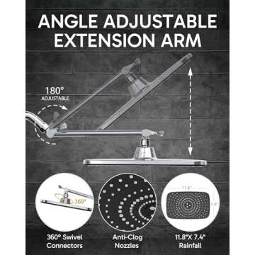 Veken Rain Shower Head, 11.8 Inch Large Rectangular Rainfall Showerhead, Adjustable Stainless Steel 11 inch Extension Arm, Detachable Waterfall Rain Fall Showerheads with Anti-Clog Nozzles, Chrome