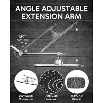 Veken Rain Shower Head, 11.8 Inch Large Rectangular Rainfall Showerhead, Adjustable Stainless Steel 11 inch Extension Arm, Detachable Waterfall Rain Fall Showerheads with Anti-Clog Nozzles, Chrome