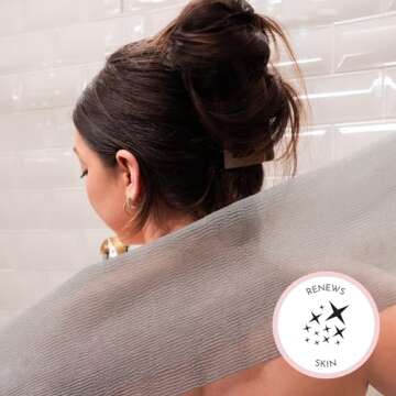 S&T INC. Back Scrubber for Shower, Exfoliating Body Scrubber or Bath Exfoliating Towel for Skin Care, 11.8 Inches x 35.4 Inches, Grey, 3 Pack