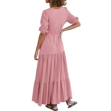 BTFBM Women Summer Dresses Short Sleeve V Neck Maxi Dresses Boho Long Dresses Beach Holiday Dress