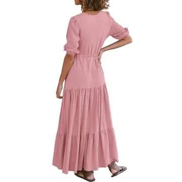 BTFBM Women Summer Dresses Short Sleeve V Neck Maxi Dresses Boho Long Dresses Beach Holiday Dress