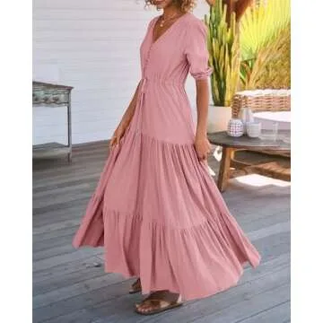 BTFBM Women Summer Maxi Dress in Solid Pink - Beach Ready