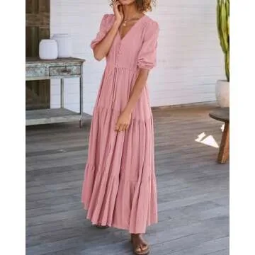 BTFBM Women Summer Maxi Dress in Solid Pink - Beach Ready