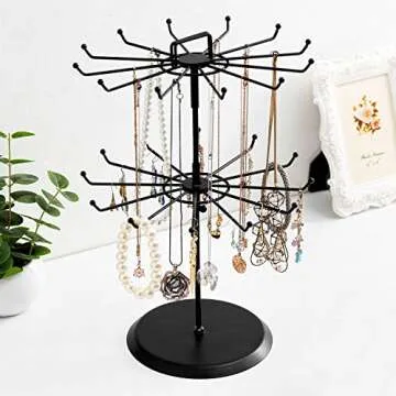 MyGift 2 Tier Black Metal Rotating Necklace and Bracelet Organizer Jewelry Stand with 24 Hooks, Multipurpose Accessory and Keychain Spinning Display Rack with Top Handle Card Holder