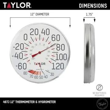 Taylor Metal Wall Indoor Outdoor Thermometer and Hygrometer, Easy to Read Numbers for Patio, Pool, and Indoor Areas, 12 inch, White