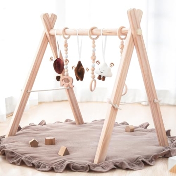 Razee Wooden Baby Play Gym & Mat with 6 Sensory Toys - Foldable Newborn Gift
