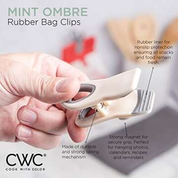 COOK WITH COLOR Bag Clips with Magnet- Food Clips, Chip Clips, Bag Clips for Food Storage with Airtight Seal Grip for Bread Bags, Snack Bags and Food Bags (Mint and Grey, Pack of 10)