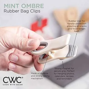 COOK WITH COLOR Bag Clips with Magnet- Food Clips, Chip Clips, Bag Clips for Food Storage with Airtight Seal Grip for Bread Bags, Snack Bags and Food Bags (Mint and Grey, Pack of 10)