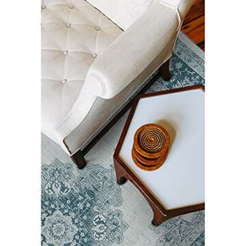 RUGGABLE Washable Indoor/Outdoor Stain Resistant 5x7 (60"x84") Area Rug 2pc Set (Cover and Pad) Parisa Blue